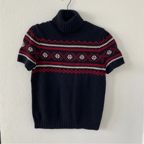 Vintage Cotton Fair Isle Short Puff Sleeve Knit Turtleneck Sweater Large - Picture 4 of 8